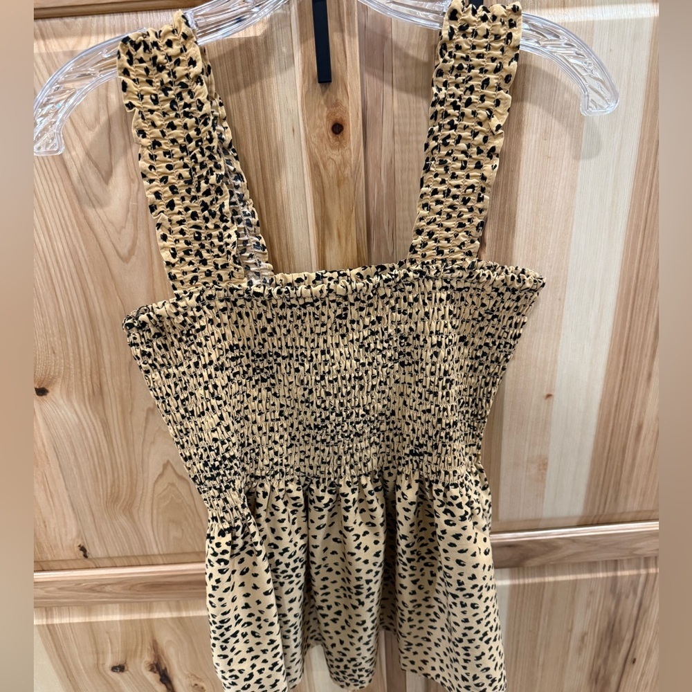 Pleione Anthropologie Classy Tan and Black Leopard Print Smocked Top Size M